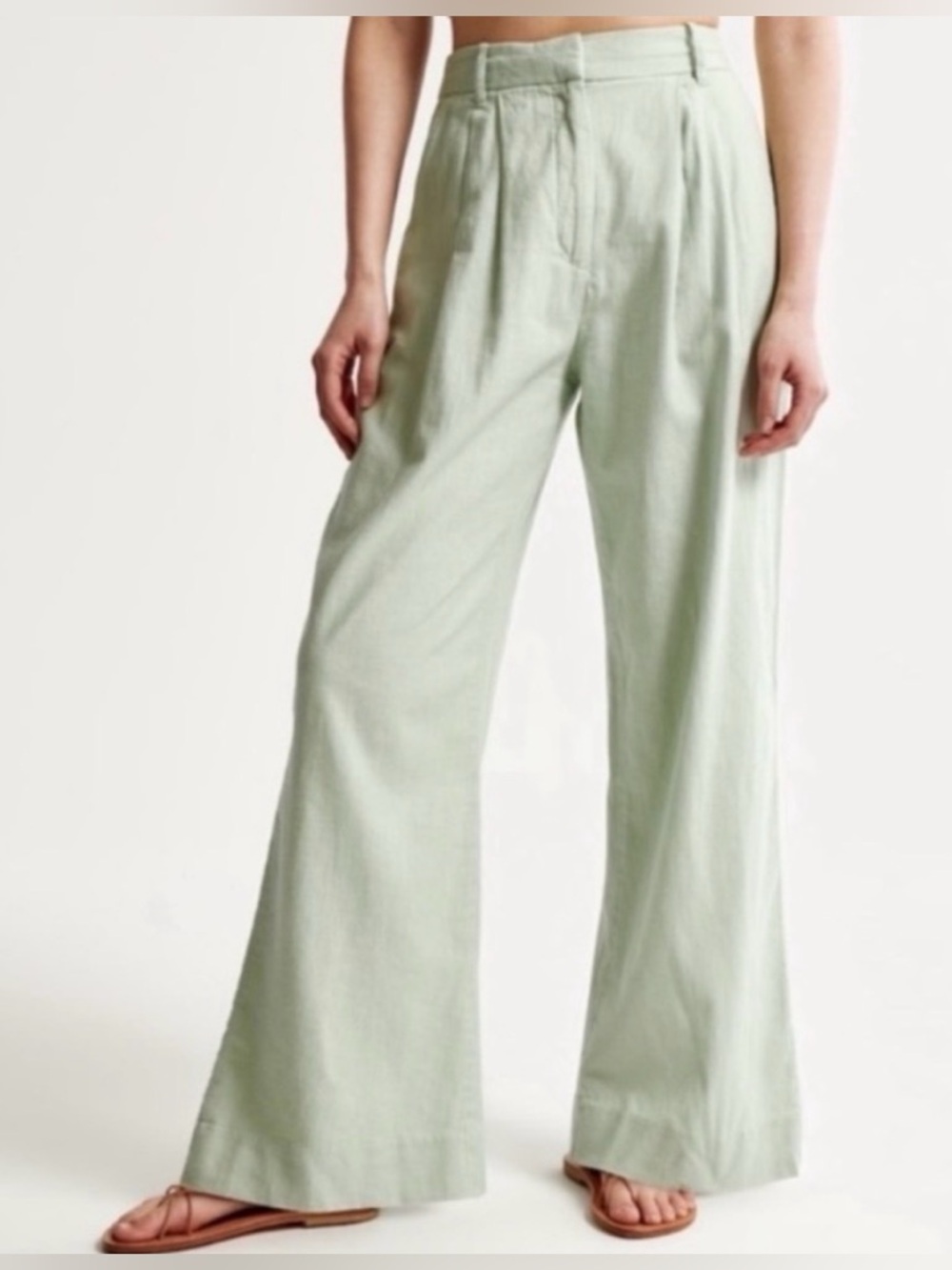 Abercrombie & Fitch Curve Love Sloane  Linen-Blend Wide Leg Pants green Medium